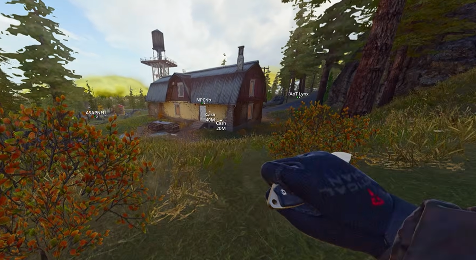 Warzone farmhouse gameplay with player ESP and cash labels through walls