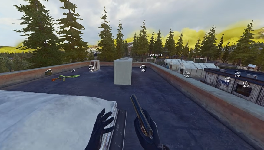 Warzone rooftop gameplay with cash ESP and player name tags through cover